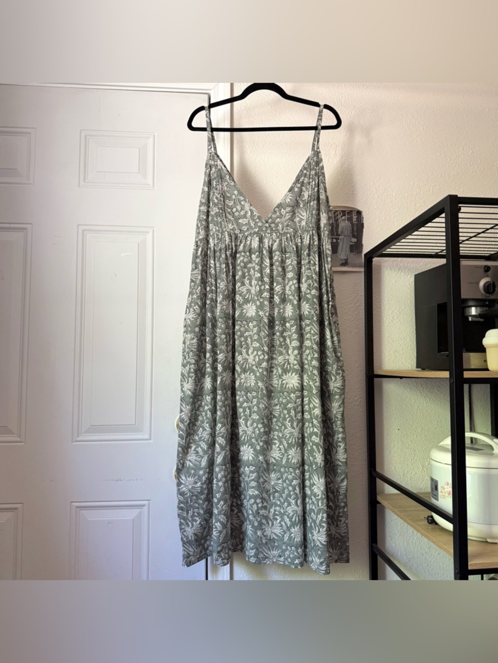 No Label Sage white floral cotton handmade surplice sleeveless midi sundress